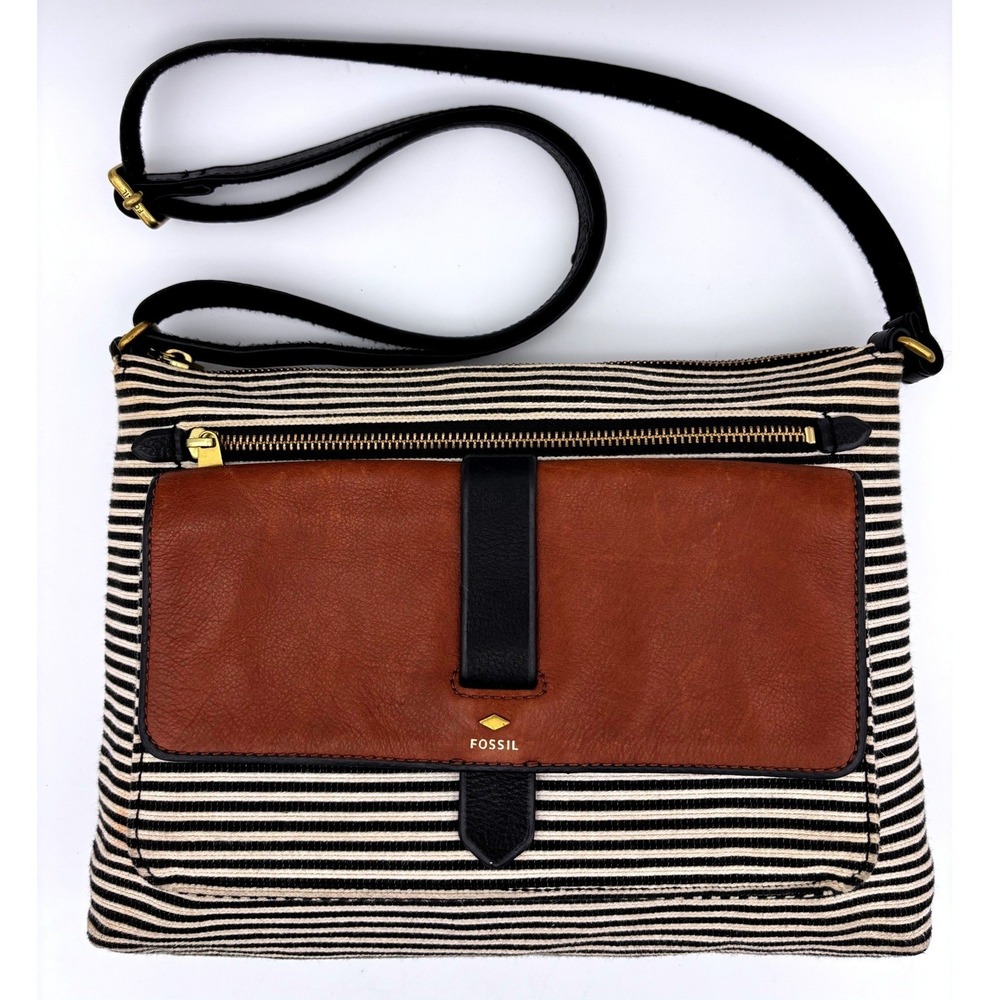 FOSSIL Striped Leather Crossbody Handbag Bag Black Brown Gold Brass Prep Medium